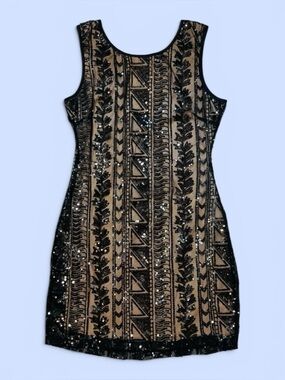 Body‎ Central Medium Black Nude Sequin Beaded Art Deco Gatsby Cocktail Dress M